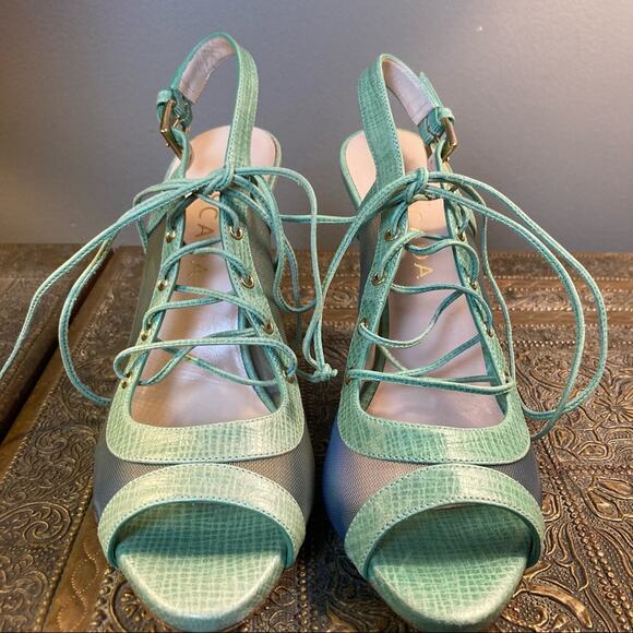 Escada Heals shoes size 6 open toe lace up Coquette tortoise pastel mint NEW - Picture 8 of 10